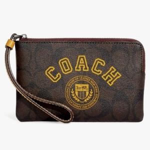 Coach Varsity Corner Zip Wristlet Signature Dark Brown/ Buttercup 